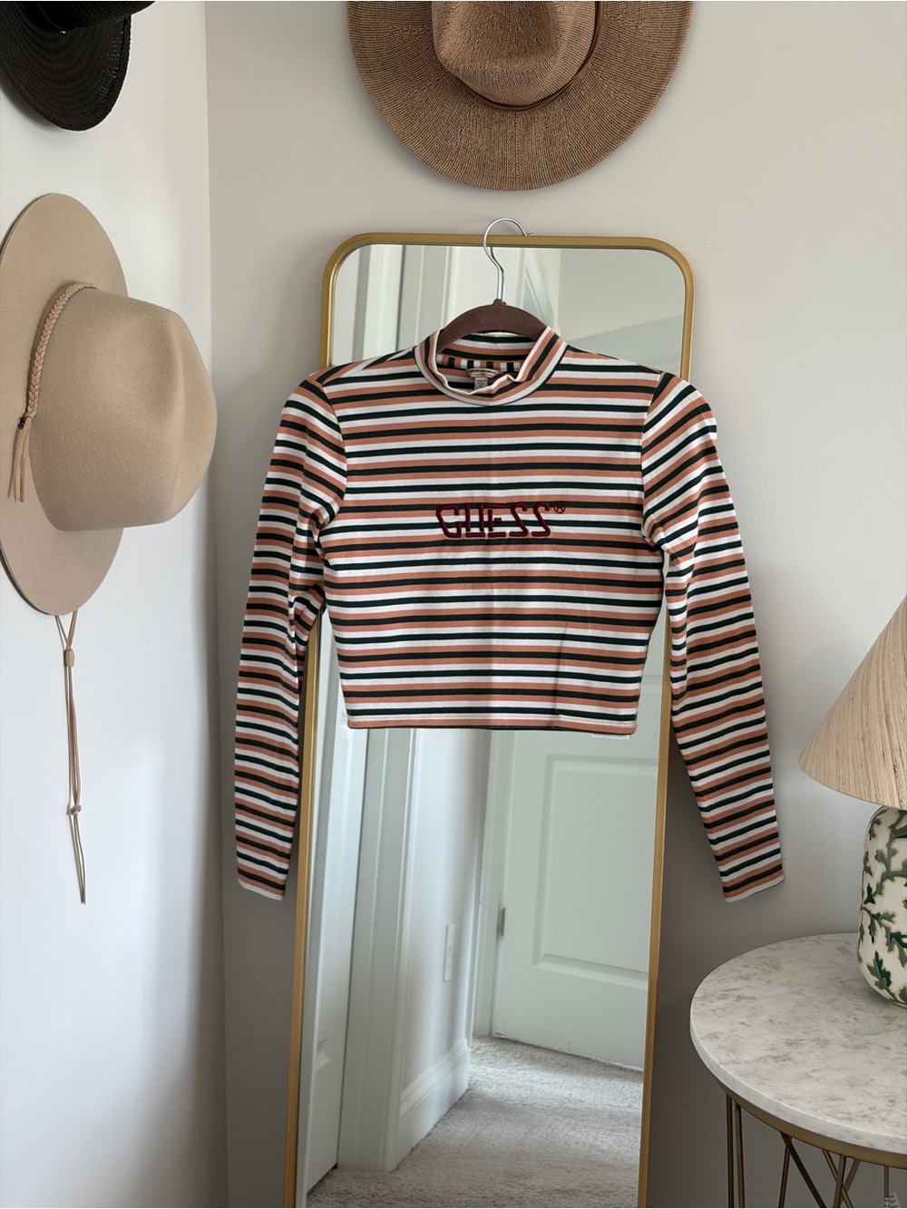 Guess Original 1981 Green, Brown/White striped crop top Long Sleeve Sz XS Y2K